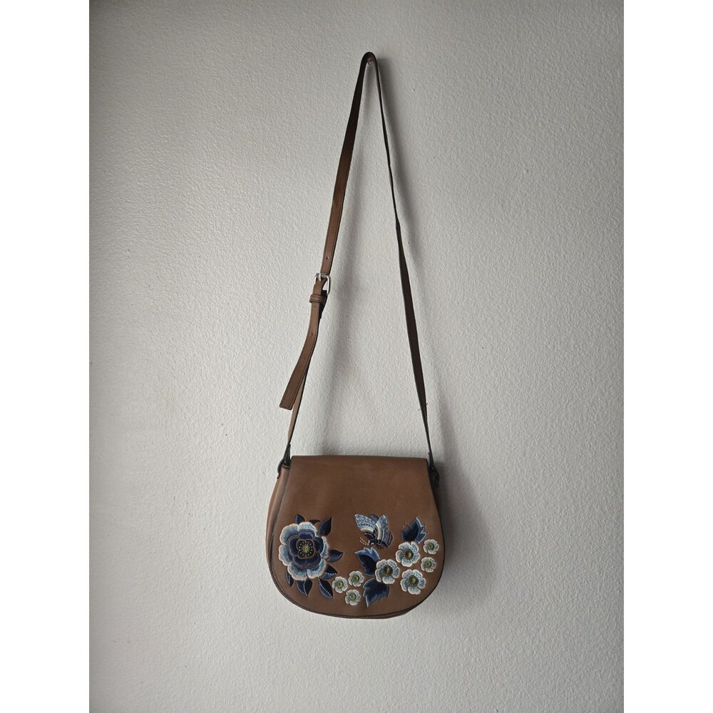 French Connection Crossbody Handbag With Blue Embroidery Flowers, Light Brown PU